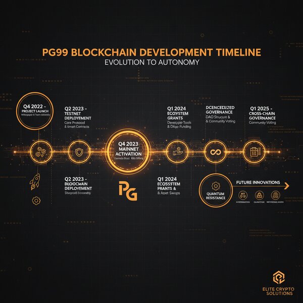 Timeline graphic showing PG99 evolution với blockchain elements